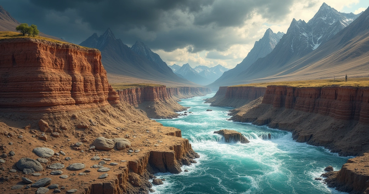 Paisagem geológica com camadas de rochas sedimentares, fósseis de criaturas marinhas e um rio erosivo.