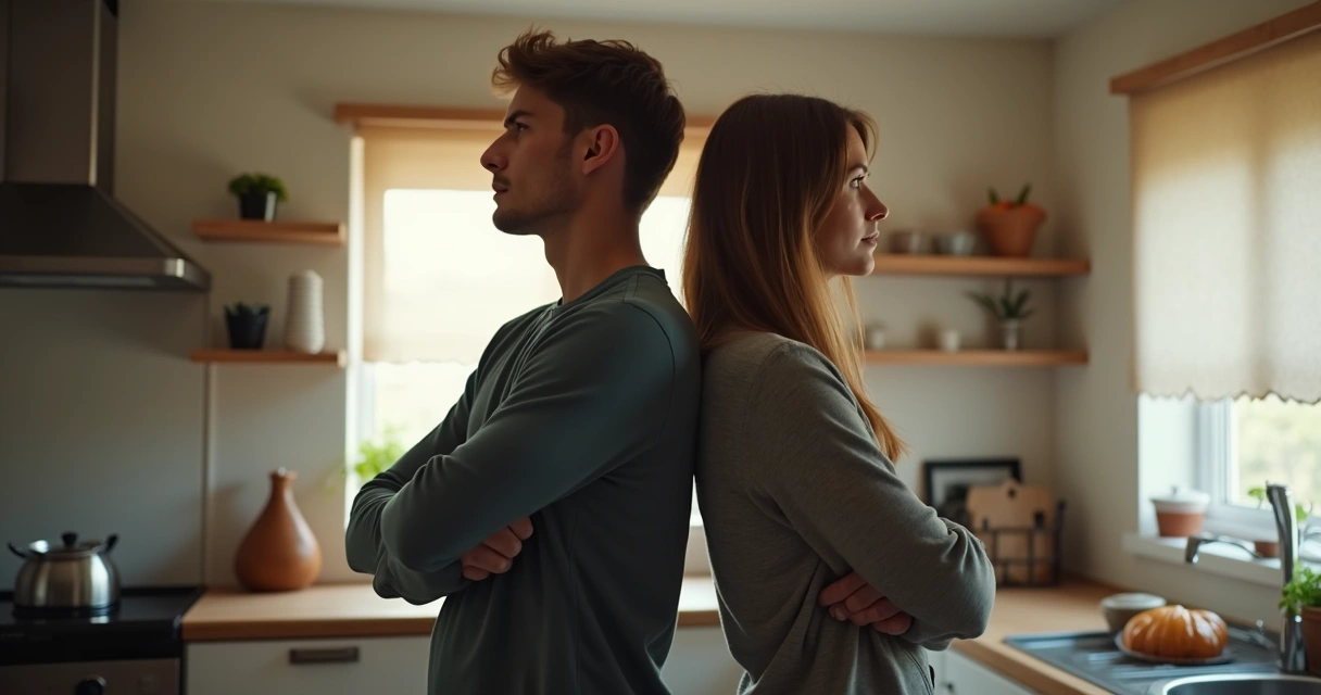 Duas pessoas de costas em um ambiente doméstico, evitando conversar 