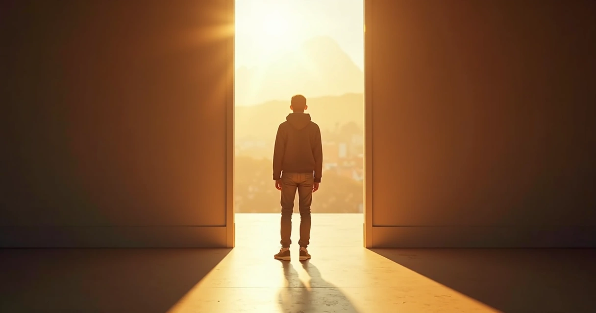 Pessoa olhando para uma porta aberta, mas hesitando em atravessá-la