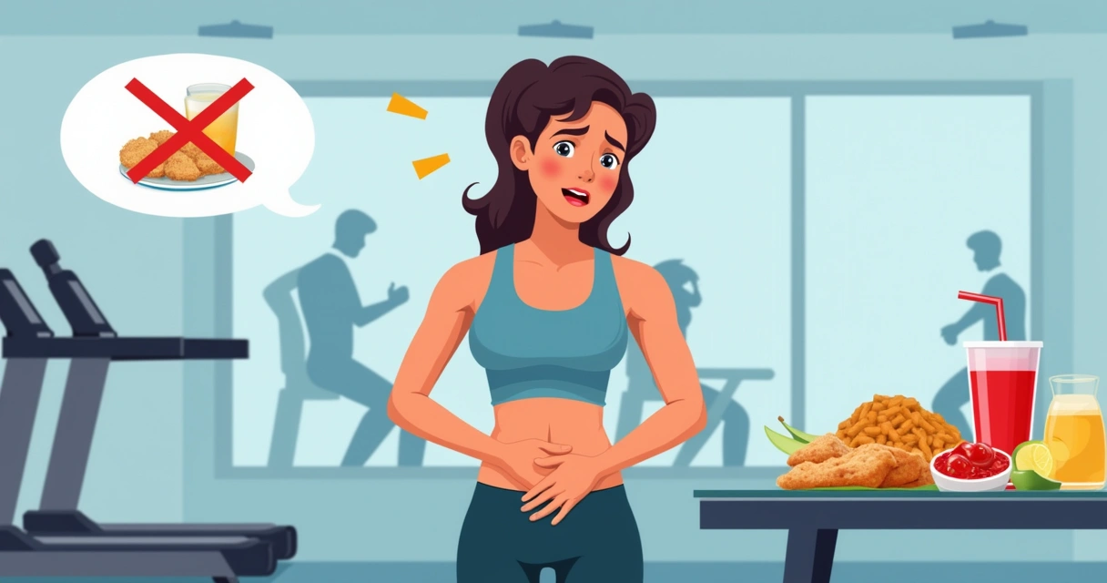Entusiasta do fitness parecendo angustiado ao lado de alimentos prejudiciais no ginásio.