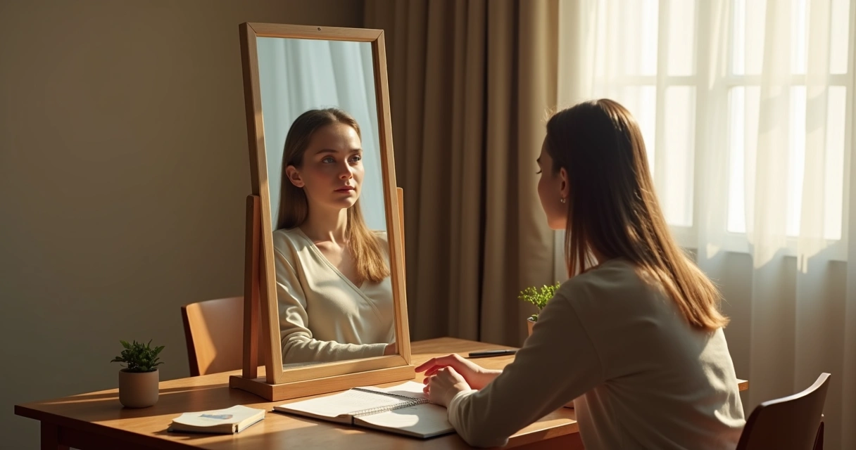 Pessoa refletindo diante de espelho com versão distorcida de si mesma 