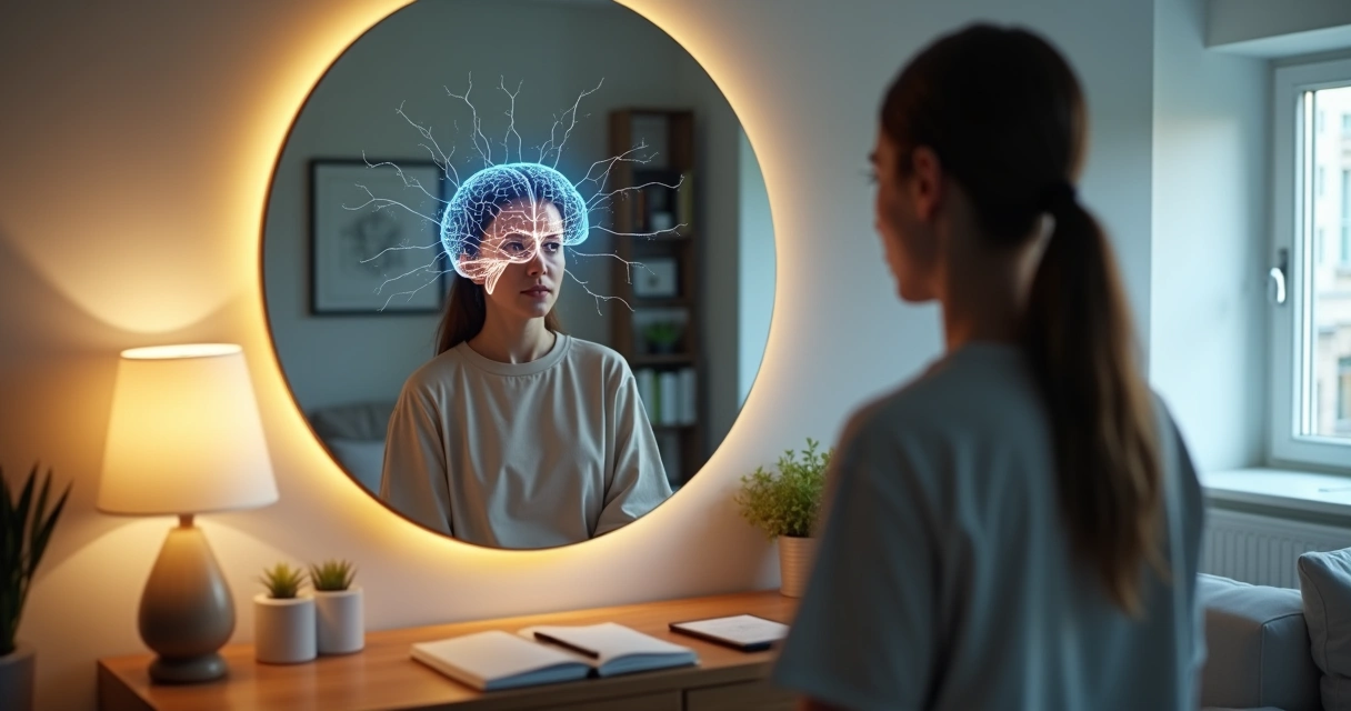 Pessoa refletindo diante do espelho com cérebro iluminado em segundo plano 