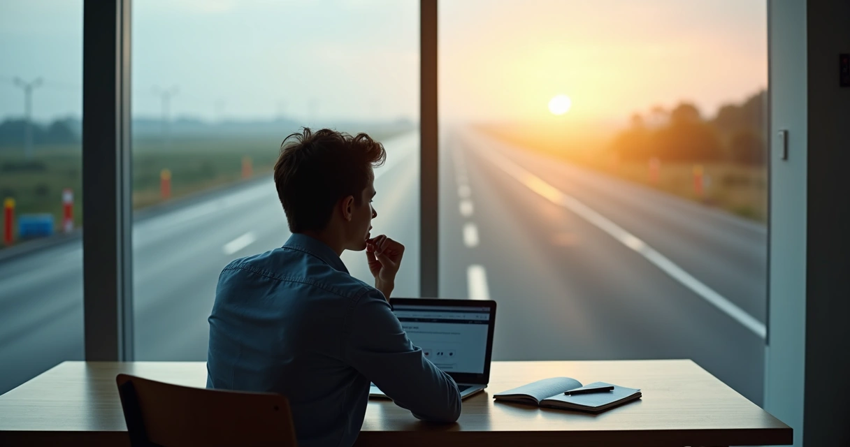 Profissional pensativo diante de duas opções de carreira em caminhos opostos 