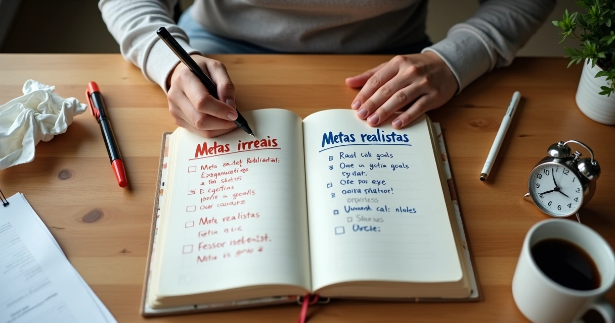 Pessoa ajustando metas em caderno com linhas divididas entre objetivos irreais e metas realistas 