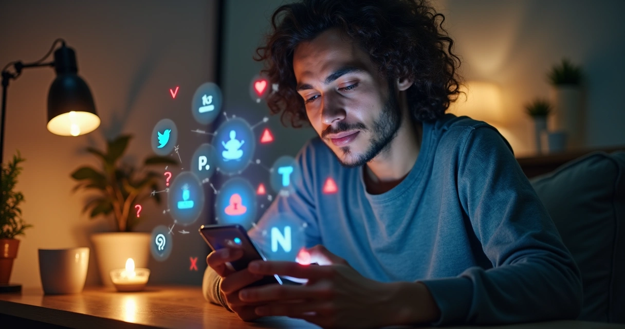 Pessoa usando celular em ambiente sereno com símbolos de espiritualidade e alertas de redes sociais ao redor 