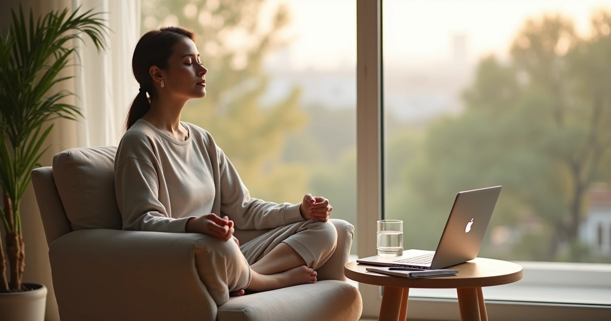 Pessoa sentada em silêncio perto de janela grande equilibrando trabalho e autocuidado 