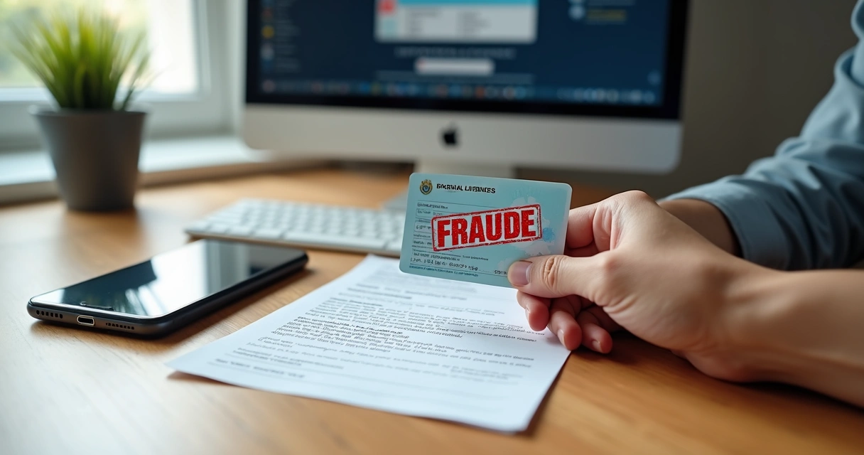 Pessoa segurando carteira de motorista ao lado de contrato com a palavra fraude destacada 