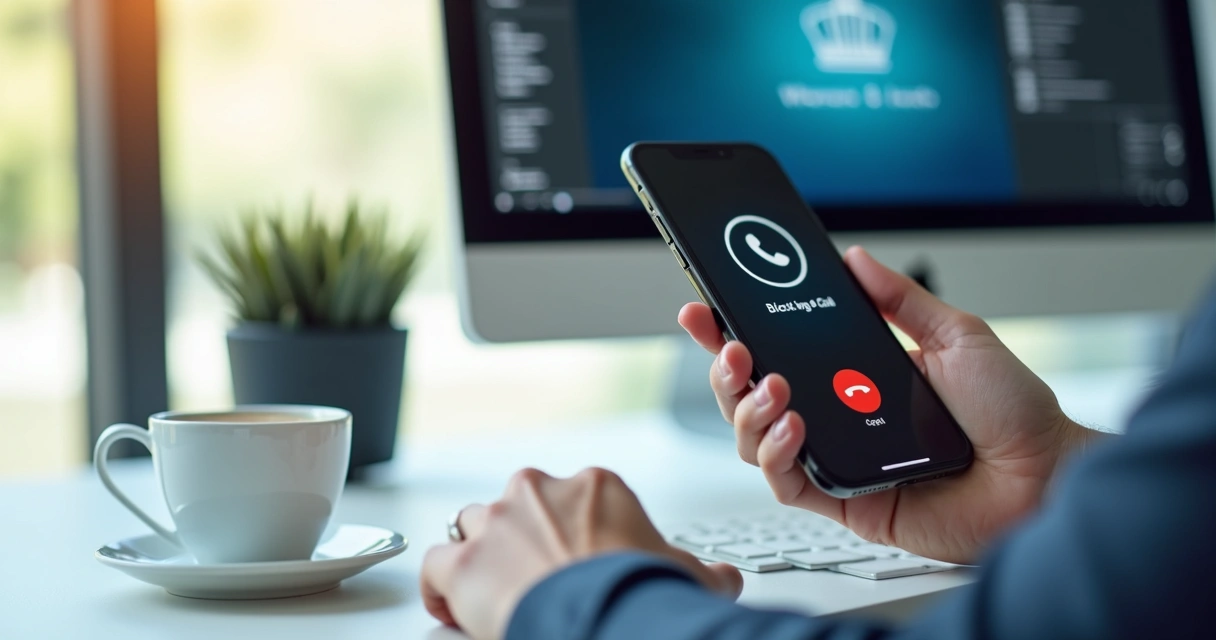 Pessoa bloqueando ligação suspeita em smartphone na frente do computador 