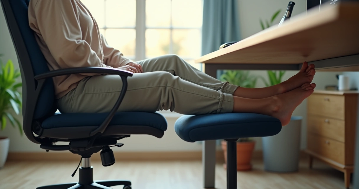 Pessoa elevando as pernas embaixo de uma mesa de escritório 