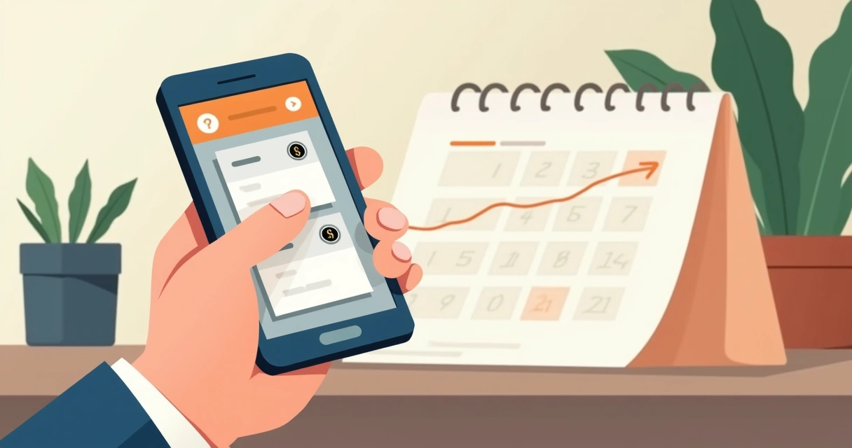 Persona revisando recordatorios de pagos en su móvil y señalando un calendario con fechas de vencimiento. 