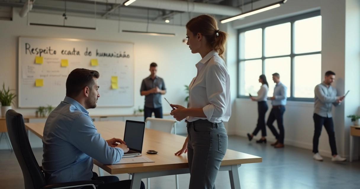 Profissional sentado em escritório com equipe ao fundo recebendo apoio de colega 