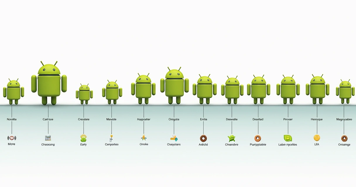Linha do tempo mostrando as evoluções das principais versões do sistema Android. 