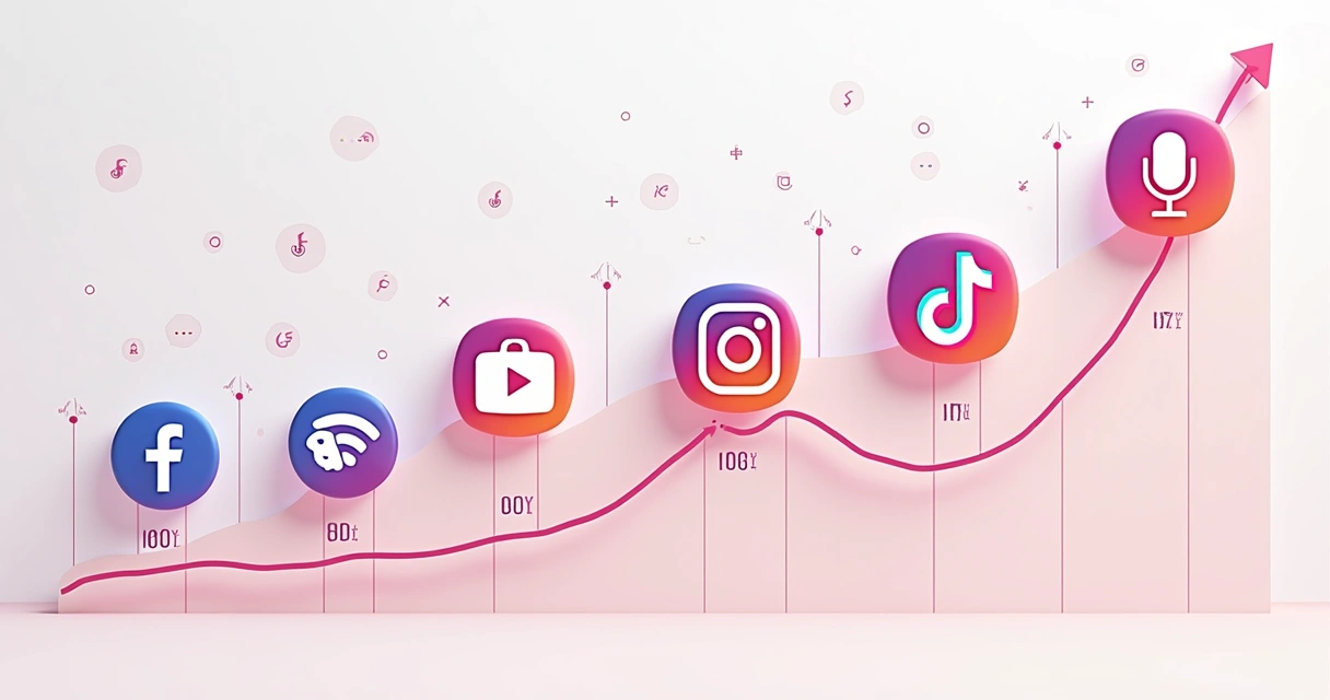 Ilustração mostra linha do tempo com logos do Facebook, Instagram, TikTok e Podcast, indicando altas e quedas de relevância
