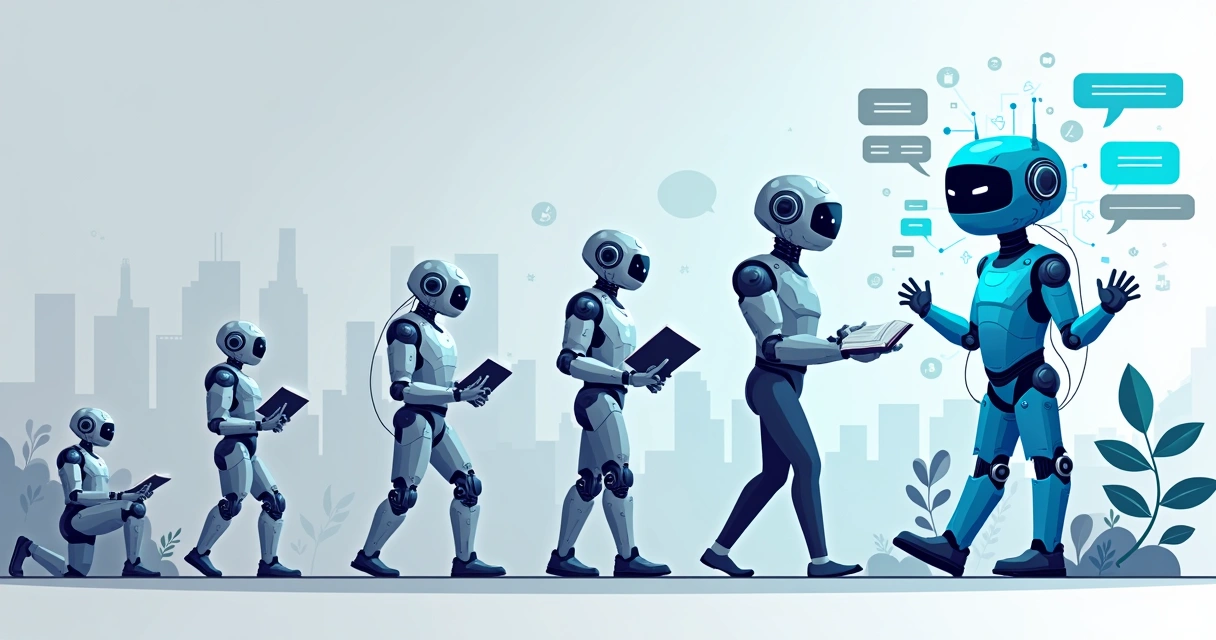 Linha do tempo da evolução dos chatbots com ícones dos anos 2000 até IA generativa 