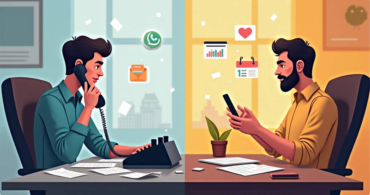 Ilustração mostrando evolução do cold calling, de telefone antigo para smartphone moderno 