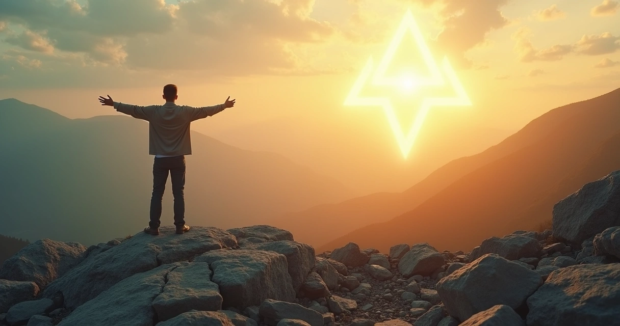 Pessoa em pé entre escombros olhando para um horizonte iluminado 