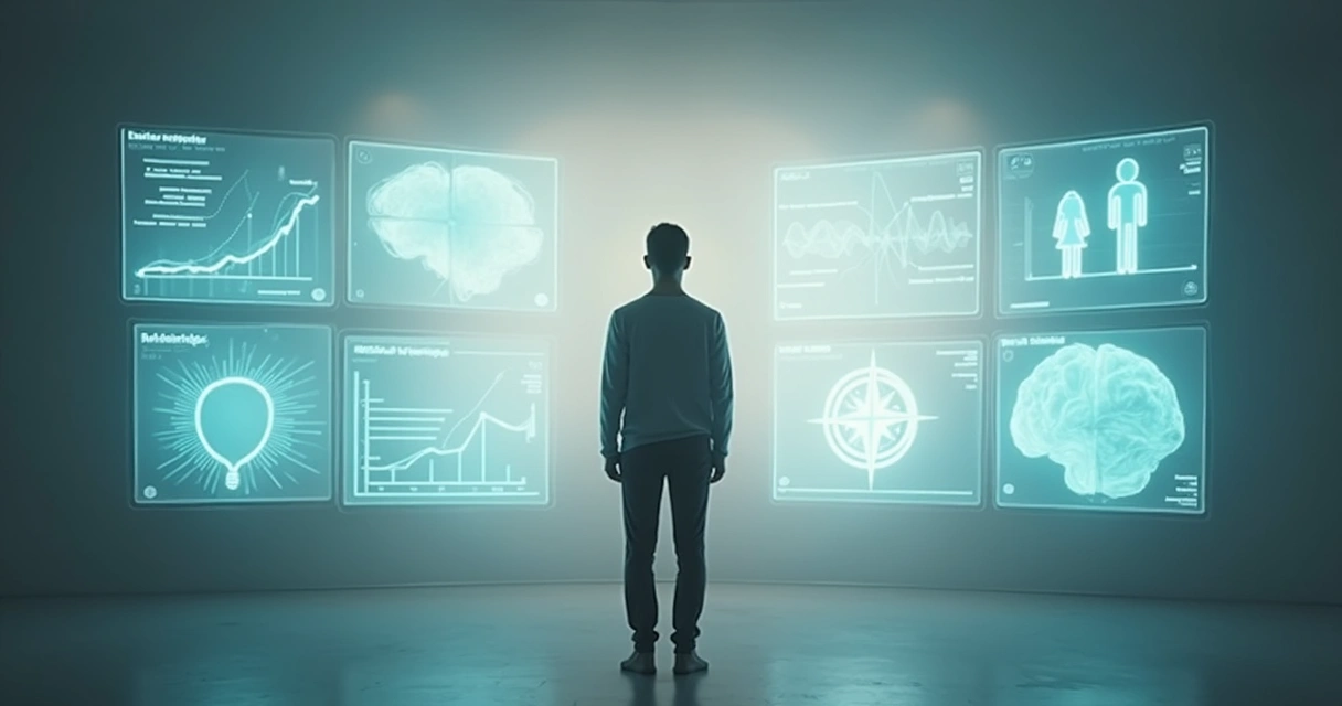 Pessoa em pé diante de painéis com indicadores de evolução pessoal e níveis de consciência 