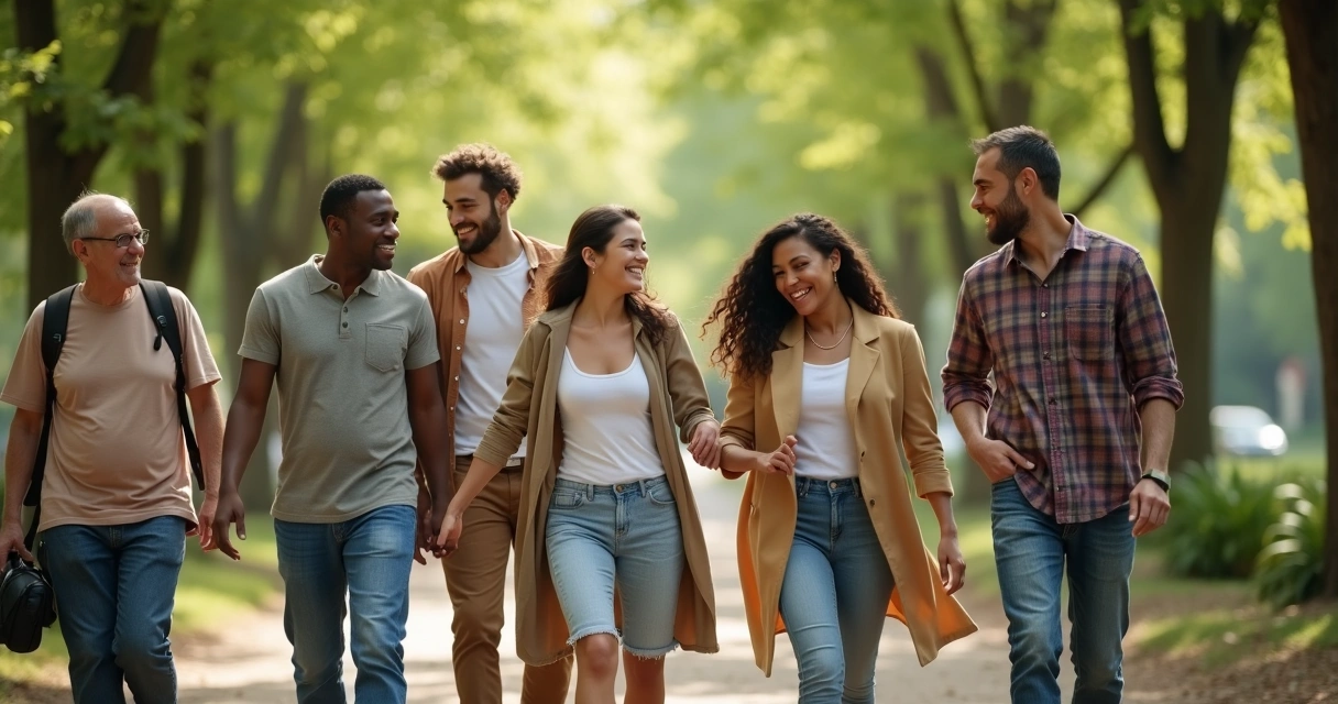 Grupo de pessoas diversas caminhando juntas em um parque, interagindo de forma harmoniosa e sorrindo 