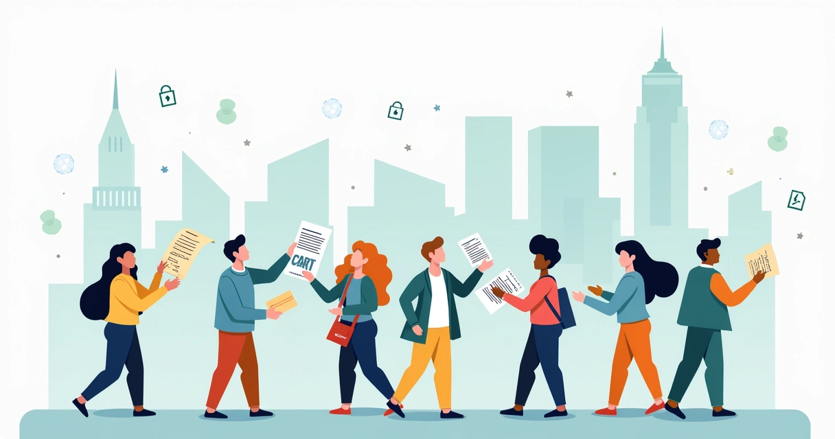 Grupo diversificado segurando contas e documentos, representando dados alternativos para análise de crédito.