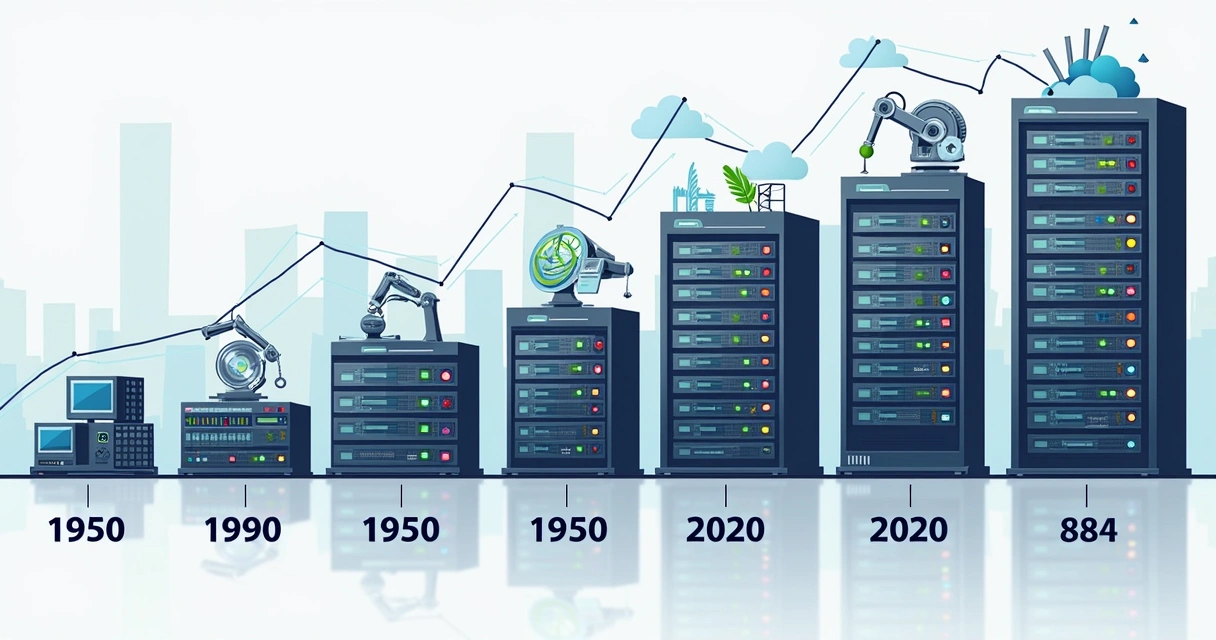 Linha do tempo de evolução dos data centers entre 1950 e 2020 