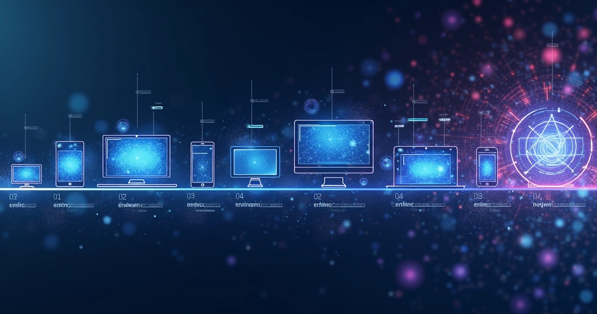 Linha do tempo ilustrando evolução da busca digital com elementos de IA, web e voz 