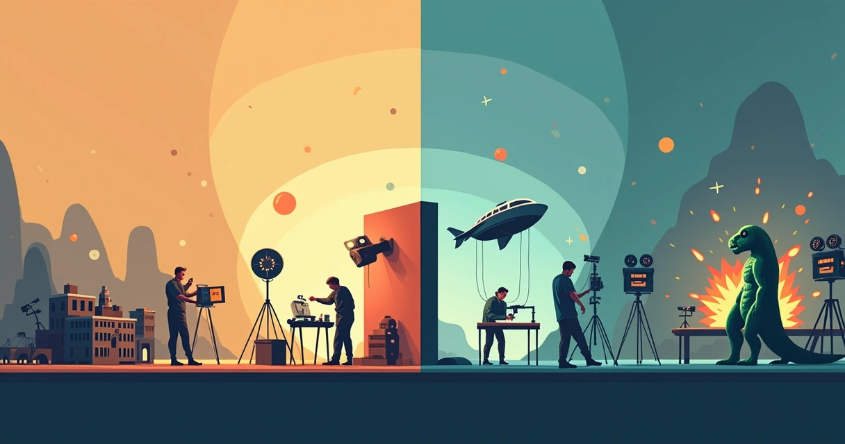 Linha do tempo de efeitos práticos no cinema em estilo ilustrado 