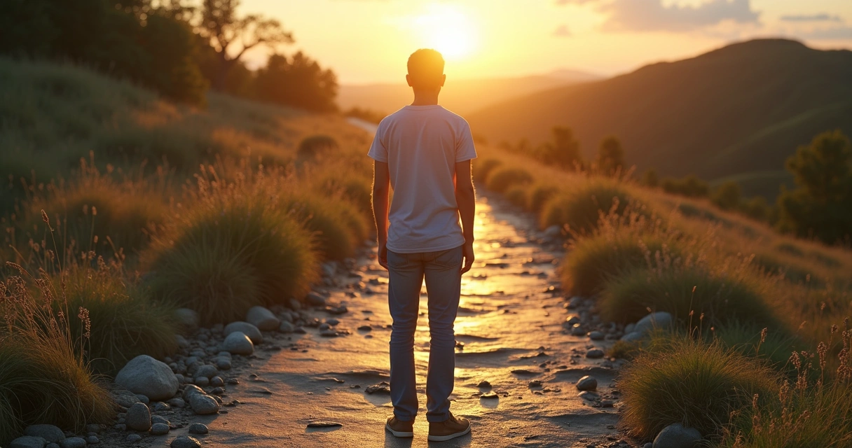 Pessoa em pé no início de um caminho iluminado simbolizando evolução emocional consciente 
