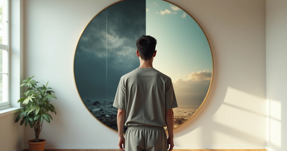 Pessoa se olhando no espelho com reflexo dividido entre caos emocional e clareza interior 