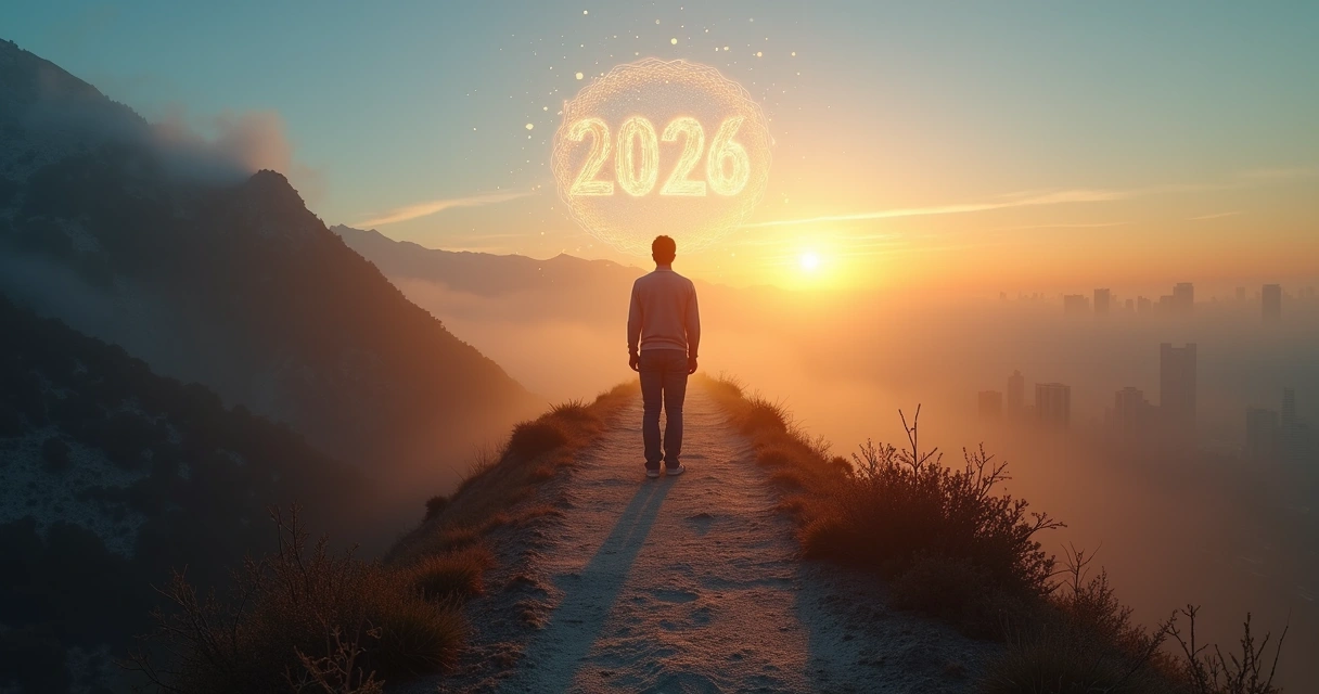 Pessoa em encruzilhada observando 2026 com cidade ao fundo 