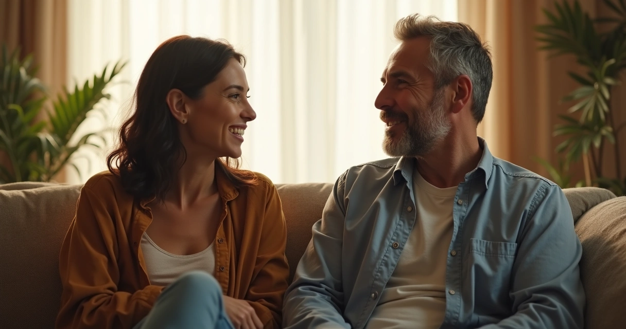 Duas pessoas conversando em uma sala iluminada, com expressão de empatia mútua 