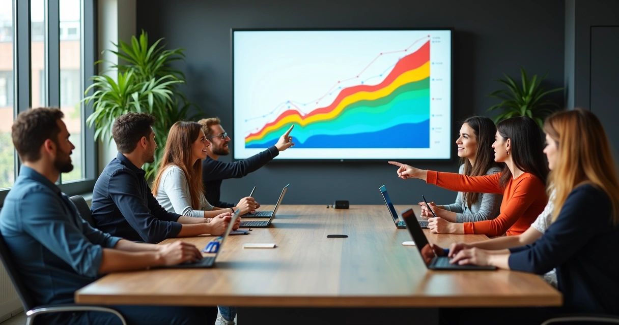 Gráfico mostrando crescimento das fintechs no Brasil com pessoas analisando dados 