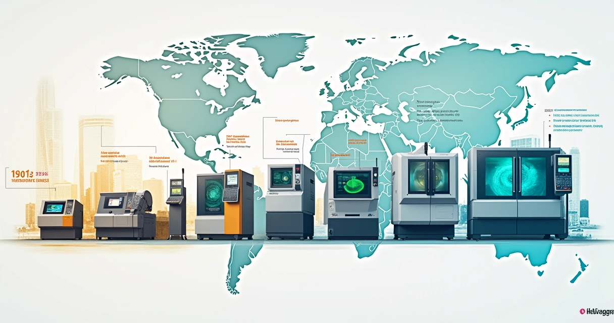 Ilustração mostrando a evolução da Hexagon Metrology de 1970 até hoje, com máquinas de medição e um mapa mundial.
