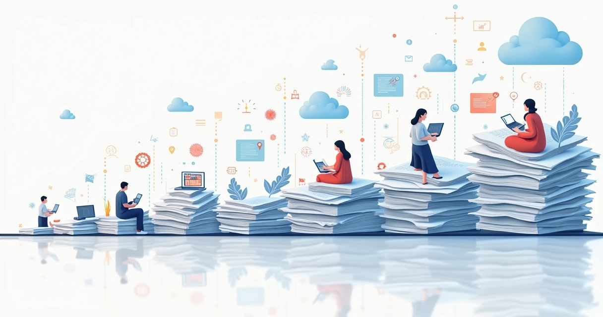 Linha do tempo mostrando evolução do recrutamento, com papéis e depois nuvem 