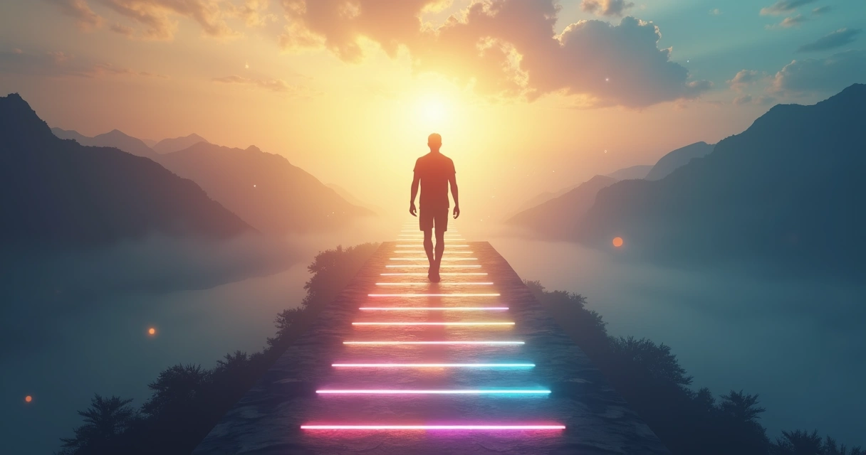 Silhueta humana subindo sete degraus de luz em direção a um horizonte dourado 
