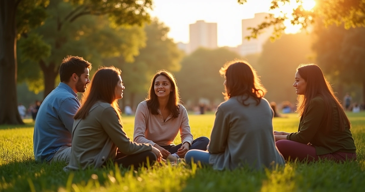 Grupo diverso conversando em roda em parque ao pôr do sol 