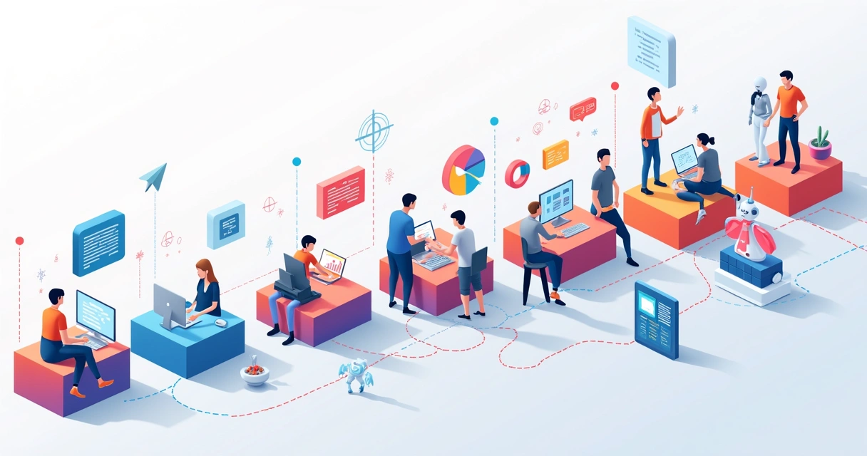 Linha do tempo colorida mostrando a evolução de plataformas low-code e no-code até 2026 