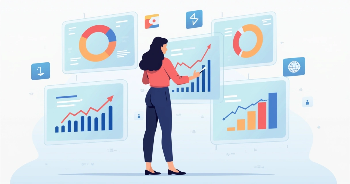 Ilustração corporativa mostrando mulher empreendedora analisando gráficos digitais em telas, com elementos de design e tecnologia ao redor 