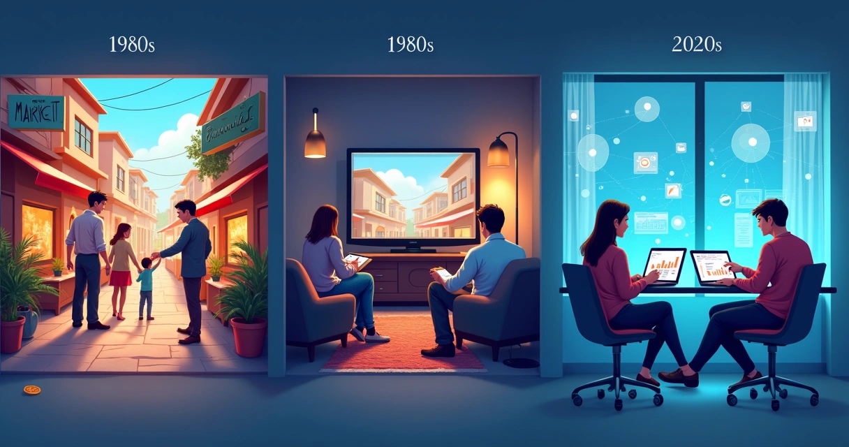 Linha do tempo ilustrada mostrando evolução do marketing desde o mercado tradicional até a era digital 