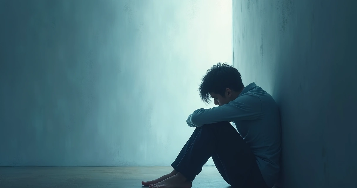 Pessoa sentada olhando para dentro, cercada por sombras leves 