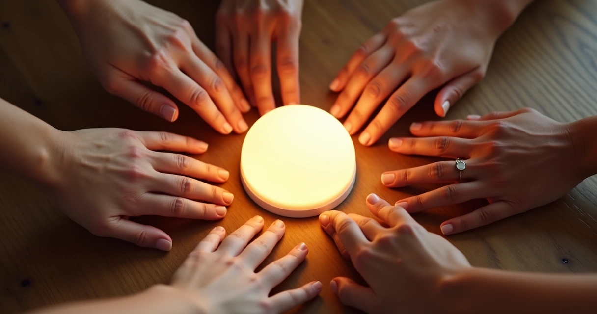 Múltiplas mãos diferentes tocando um círculo iluminado ao centro 