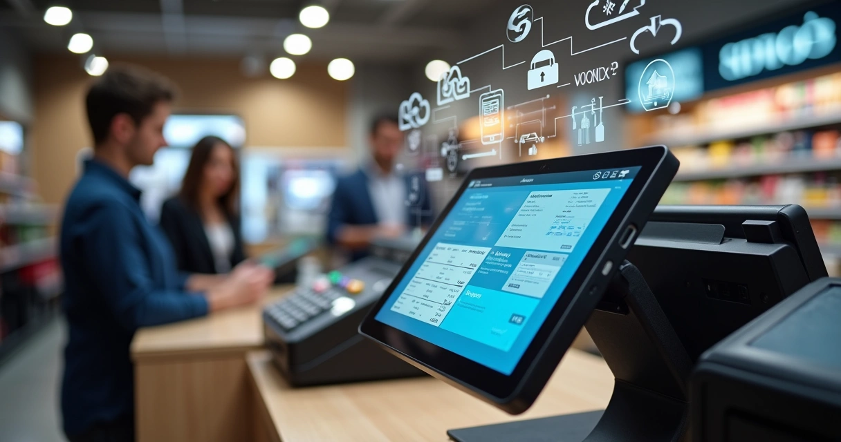 Caixa de mercado moderno com tela touch e acesso à nuvem 