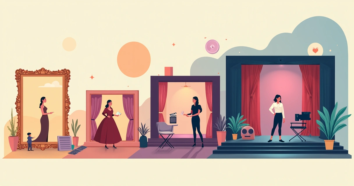 Linha do tempo ilustrada mostrando evolução de personagens femininas no cinema clássico 