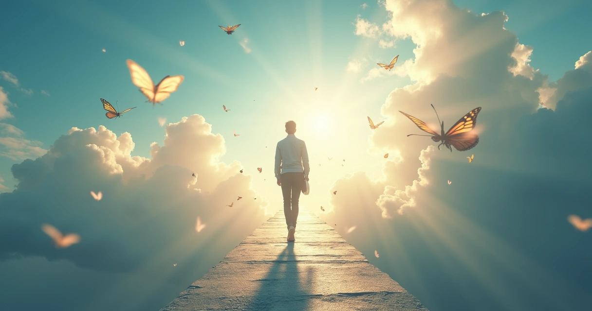 Pessoa dando um passo à frente em um caminho com símbolos de transformação 