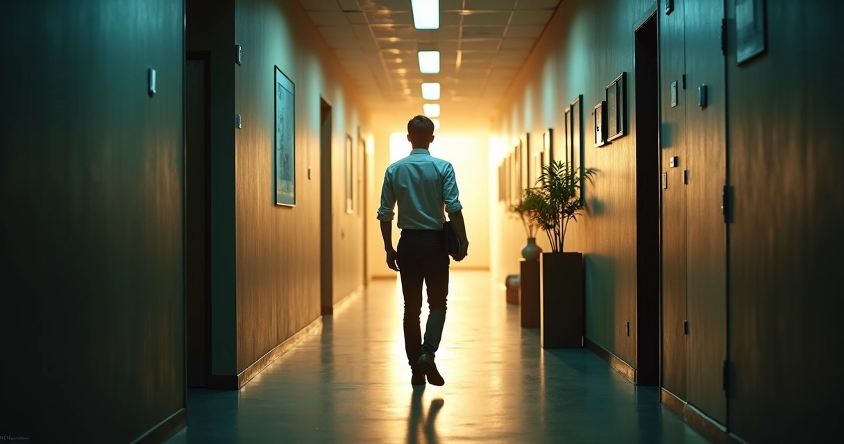 Profissional caminhando em corredor escuro com saída iluminada ao fundo 