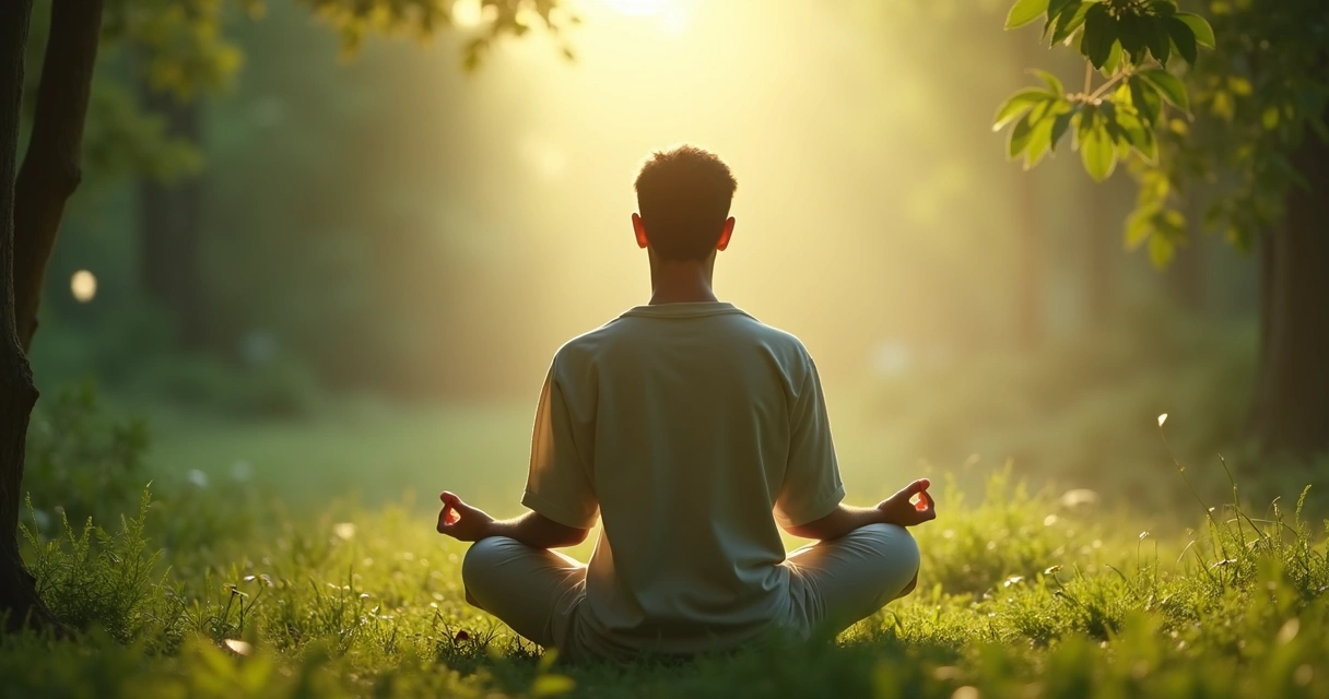 Pessoa sentada em posição de meditação em ambiente natural com luz suave ao fundo, simbolizando autotranscendência. 