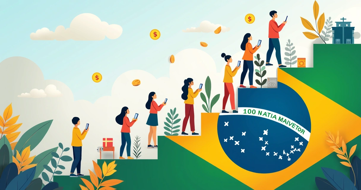 Ilustração do crescimento do Pix no Brasil com gráfico ascendente e pessoas usando celulares