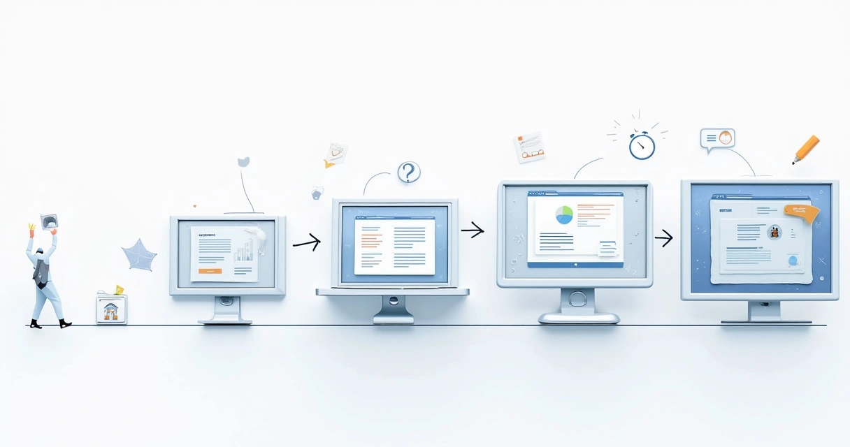 Sequência da evolução de produto digital, do simples ao sofisticado 