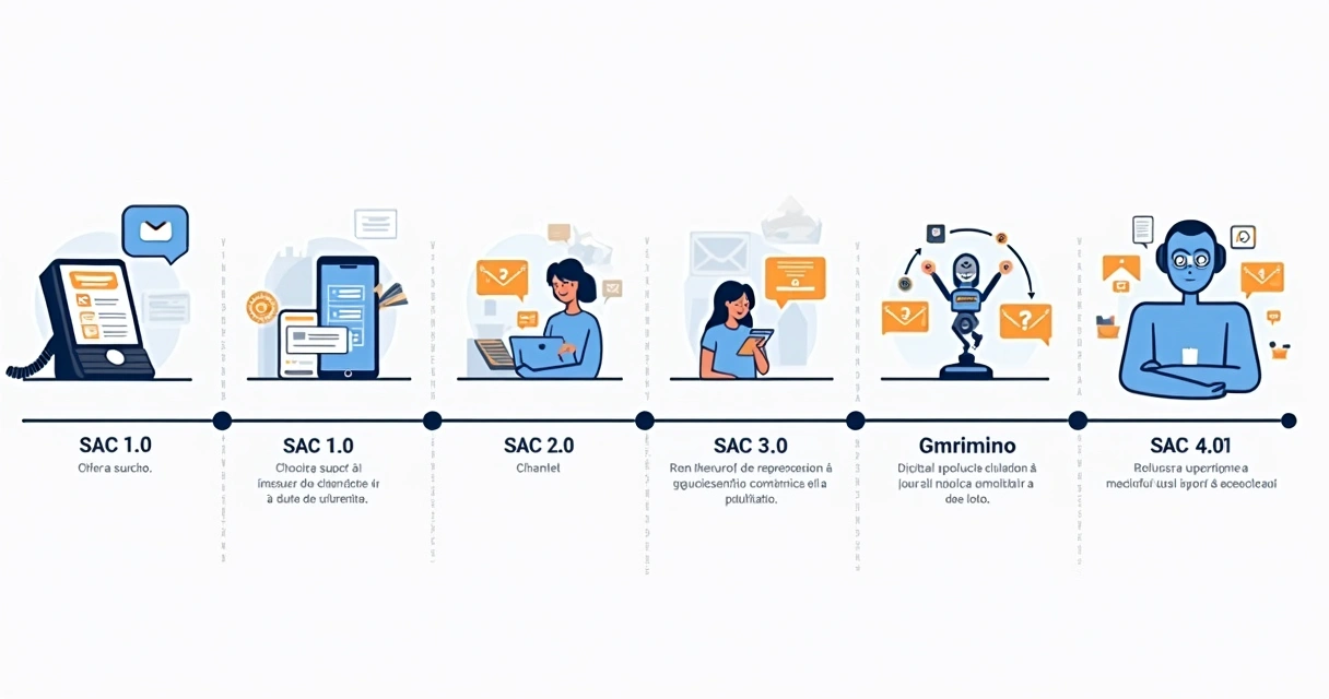 Linha do tempo do SAC de 1.0 a 4.0 com ícones e canais 