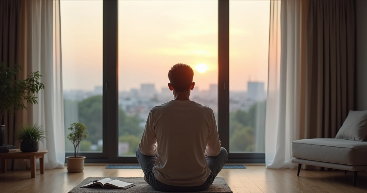 Pessoa sentada em silêncio olhando pela janela ao amanhecer, em atitude de reflexão interna 