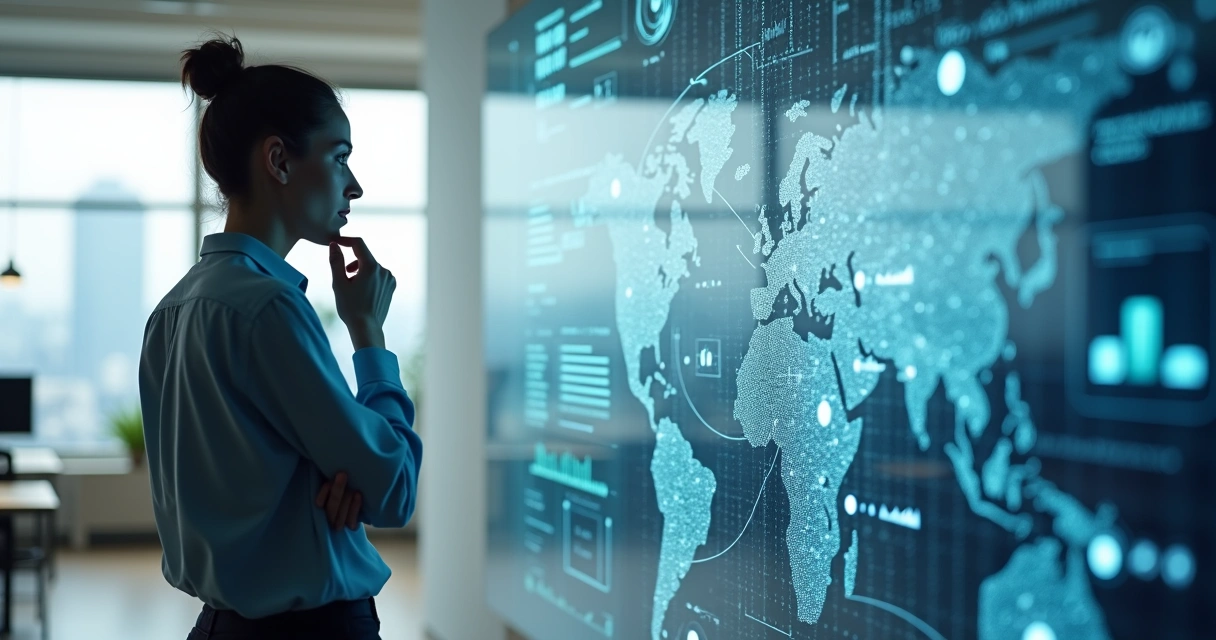 Pessoa observando painel com conexões sistêmicas e indicadores de progresso 